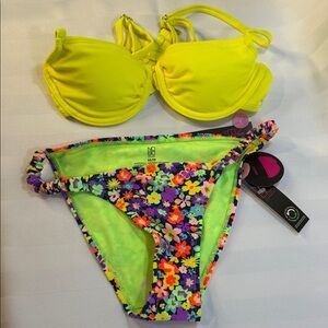 No Boundaries 2 Piece Bikini, Yellow top, High Cut Floral Neon Accents Bottoms
